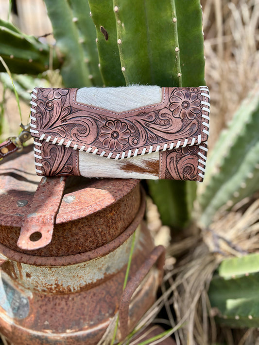 AE4365 Floral Carved Leather & Hide Purse-White Leather Stitch