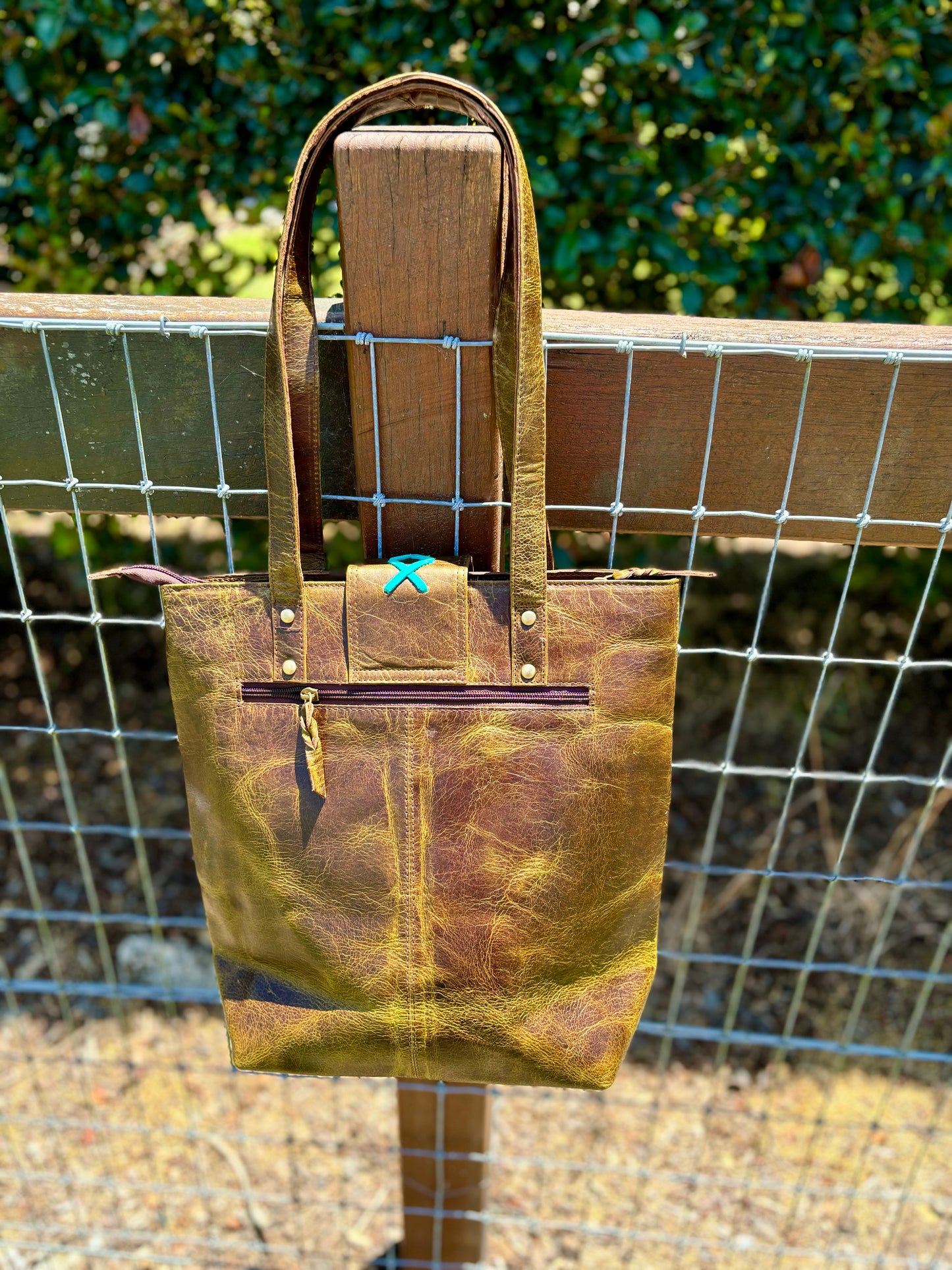 35322 Brown Leather Travel Tote Bag With Turquoise Stone