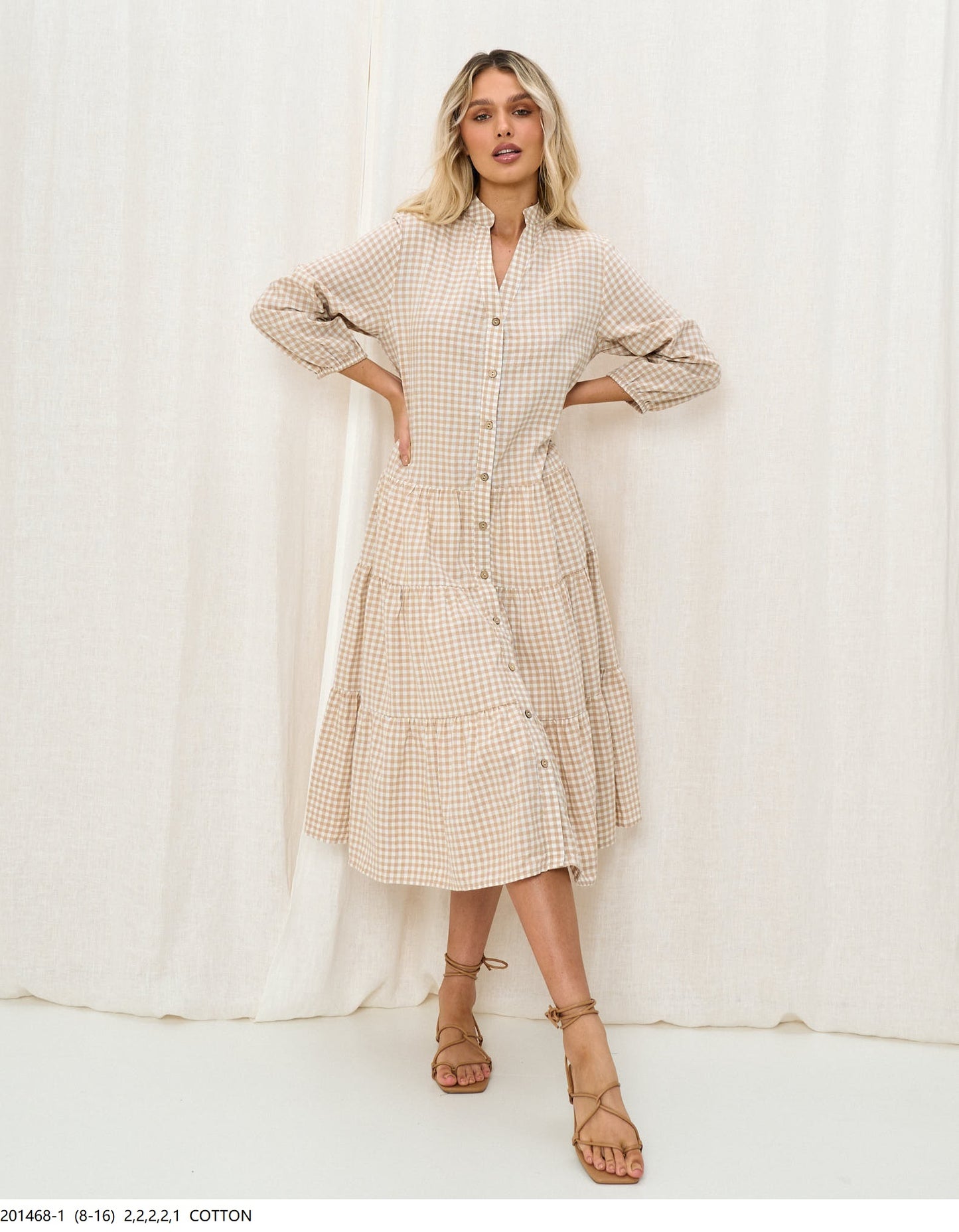 201468-1 Gingham Women's Beige Maxi Dress