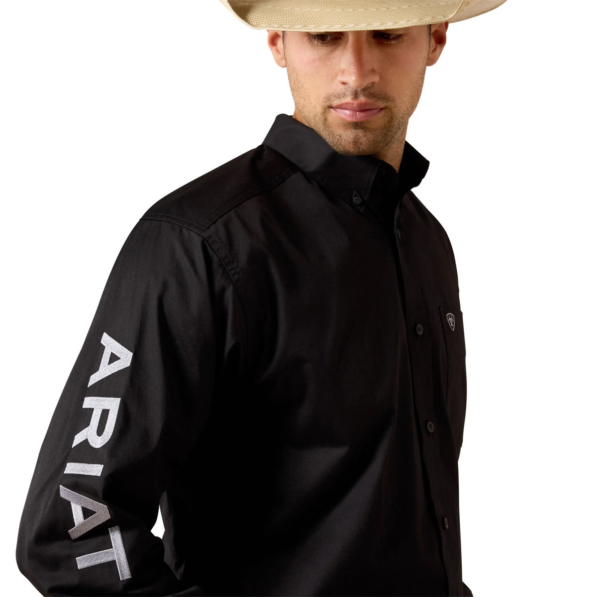 10071685 Ariat Men’s team logo lightweight twill Classic Fit LS shirt Black/ Grey