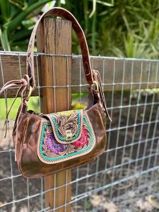 AE2482 Leather Carved Handbag- Painted Flower's