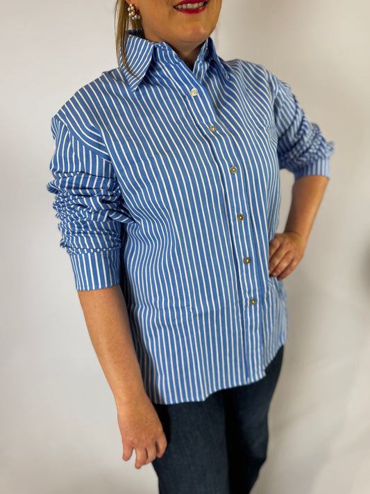 LJC5354 LJC Charlie Linen Shirt - Ocean Stripe