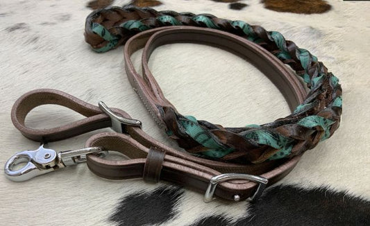 33981 (5651) Showman Miracle Braid Leather Contest/Roping Reins Dark Oil