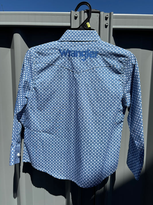 112314857 Wrangler Boy's LS Blue & White Diamond Print Shirt