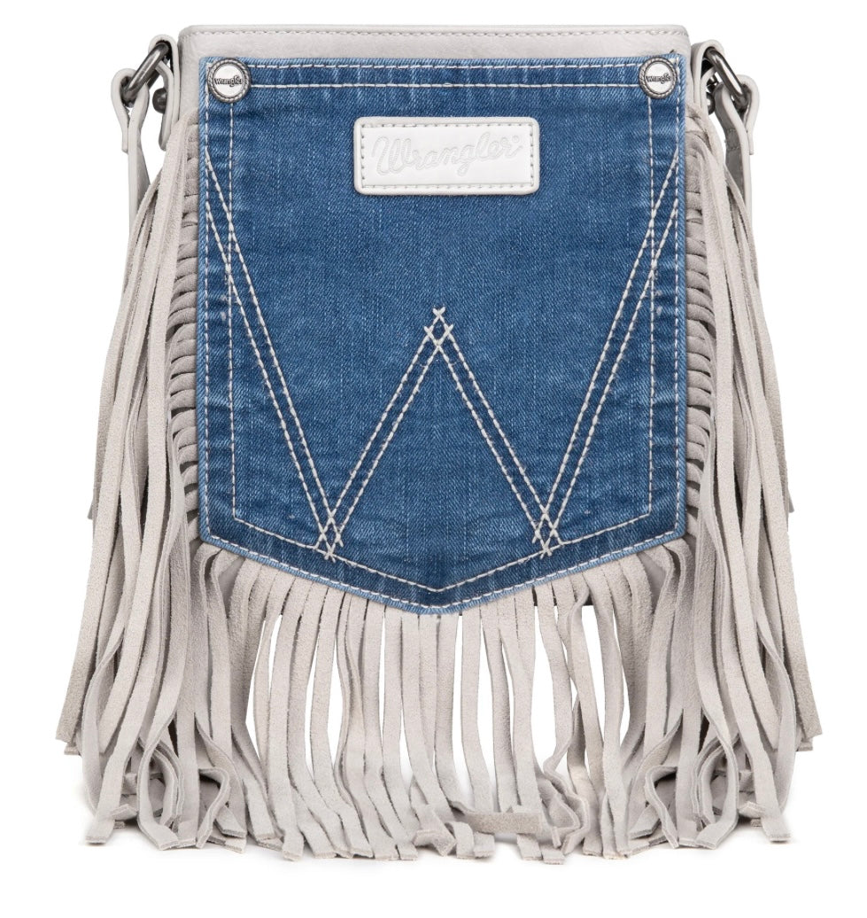 WG44-8360 Wrangler Leather Fringe Jean Denim Pocket Crossbody - White