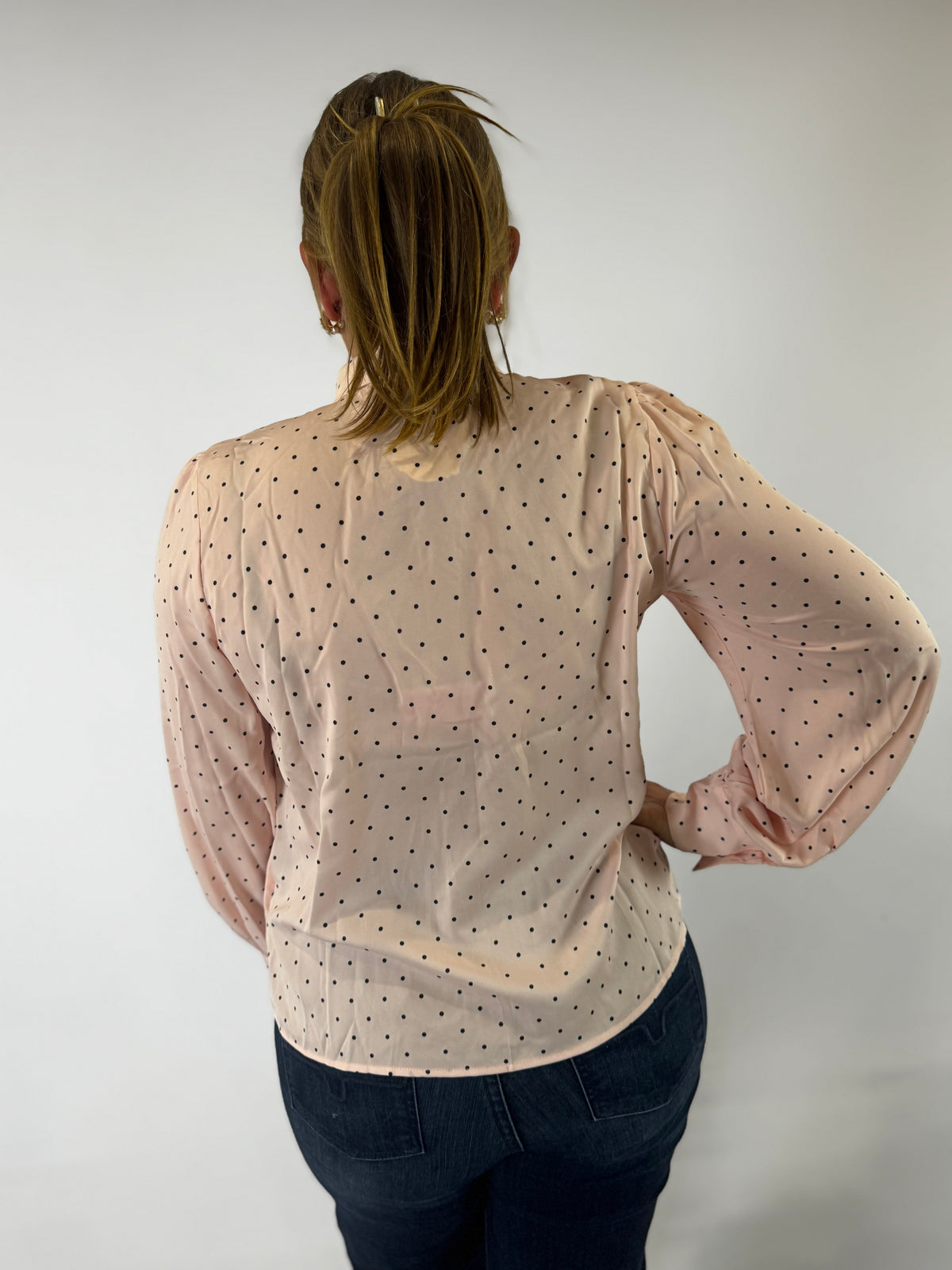 VT81416-A Polka Dot Collared Tie Neck Button Blouse - Blush & Black