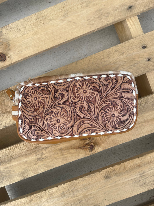 AE9162  Genuine Leather Tooled Paisley Cosmetic Bag