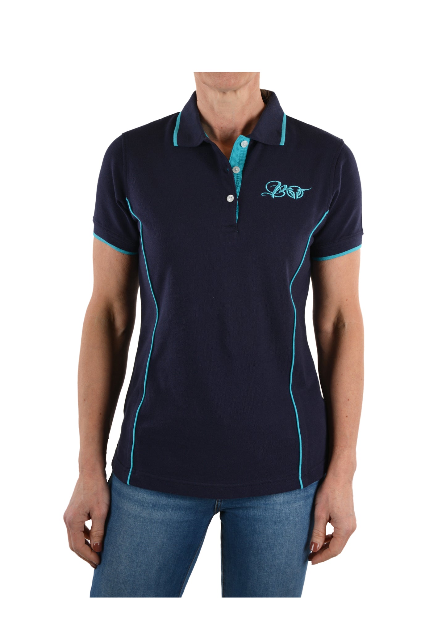 B1S2507094 Bullzye Women's Pipped Navy/Aqua Polo