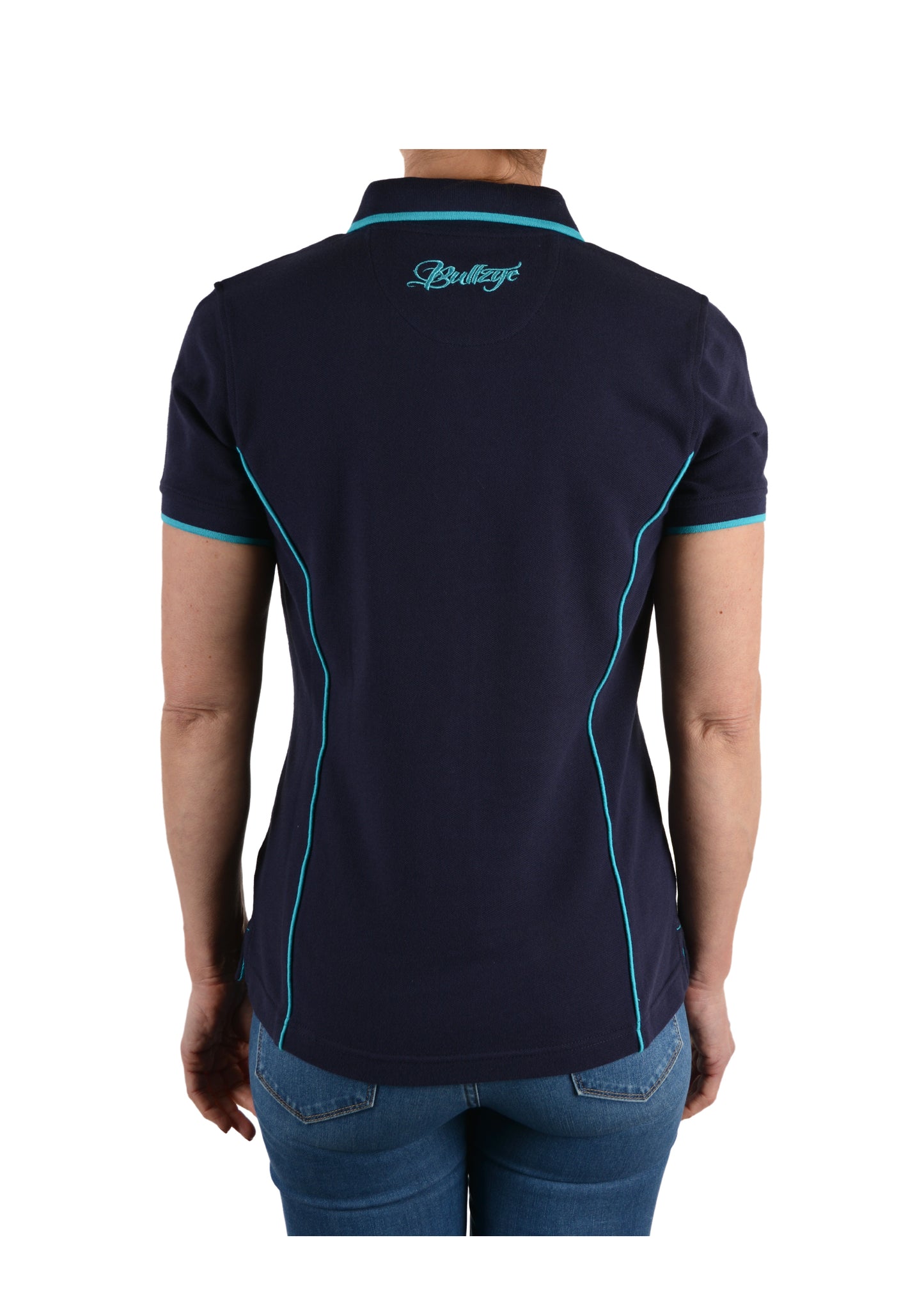 B1S2507094 Bullzye Women's Pipped Navy/Aqua Polo
