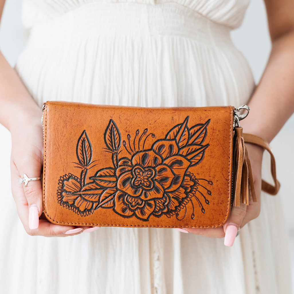 16329 Hand Tooled Buffalo Zip around Wallet - Vintage Brown