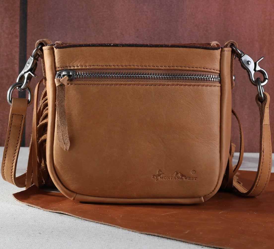RLC-L159 Montana West Genuine Leather Tooled Collection Fringe Crossbody - Brown