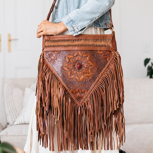 DETSTO&FRIBAGTOB Detailed Stone & Fringe Bag - Tobacco