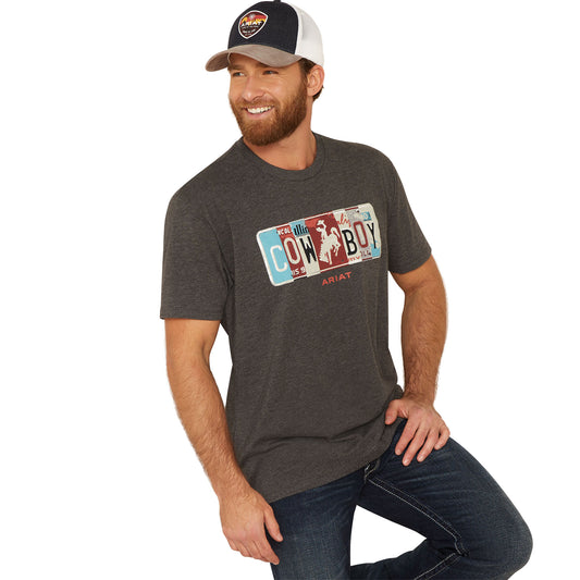 10047881 Ariat Men's License Plate Cowboy SS T Shirt Charcoal Heather