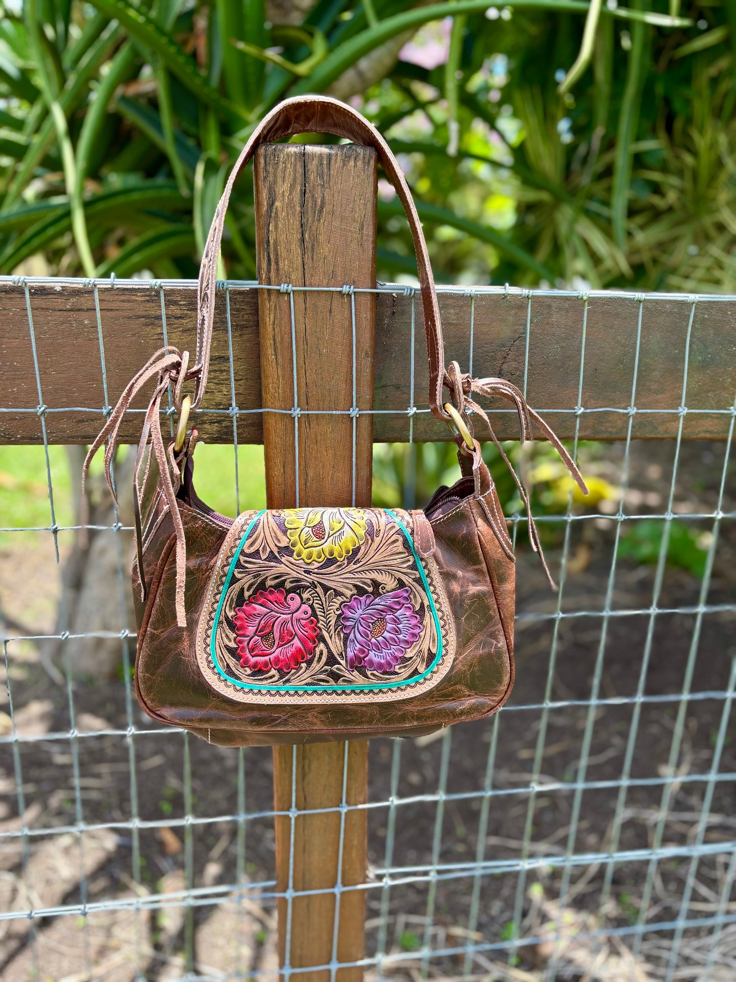 AE2482 Leather Carved Handbag- Painted Flower's