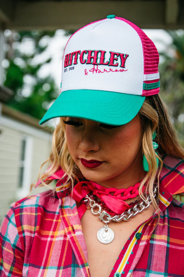 36175 Hitchley & Harrow Trucker Cap White/Hot Pink & Emerald Green