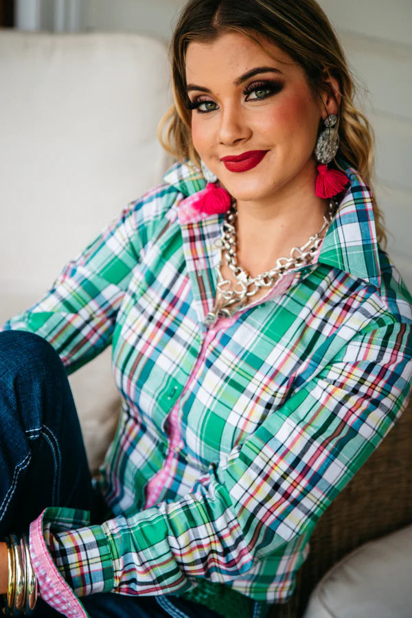 RR01-37 Hitchley & Harrow Women's Green & Pink Check Shirt