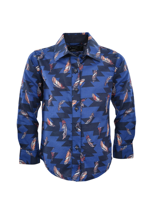 P1S5102480 Pure Western Girl's Blue LS Feathered Shirt