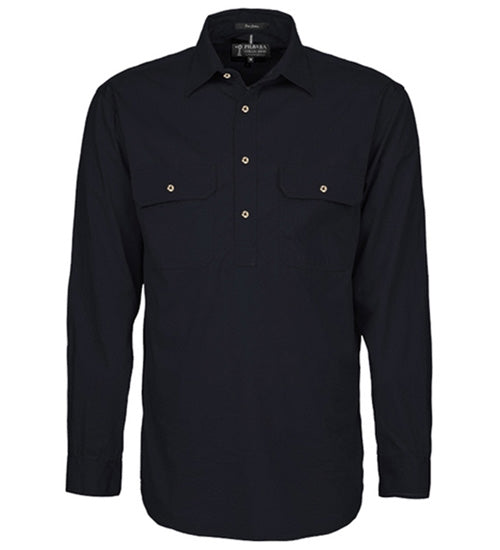 RM200CF Pilbara Men's Half Button Work Shirt Long Sleeve Black