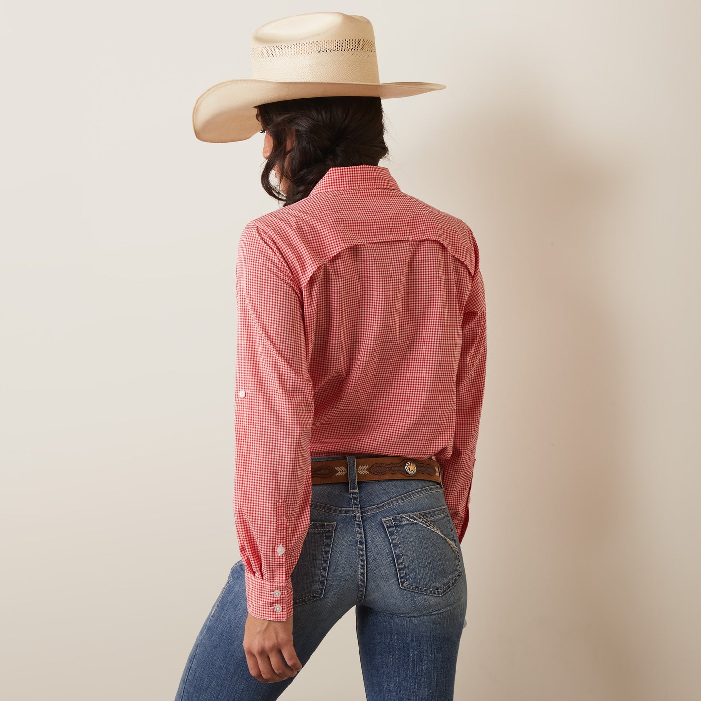 10043576 Ariat Womens Venttek LS Shirt Aura Orange/White Check