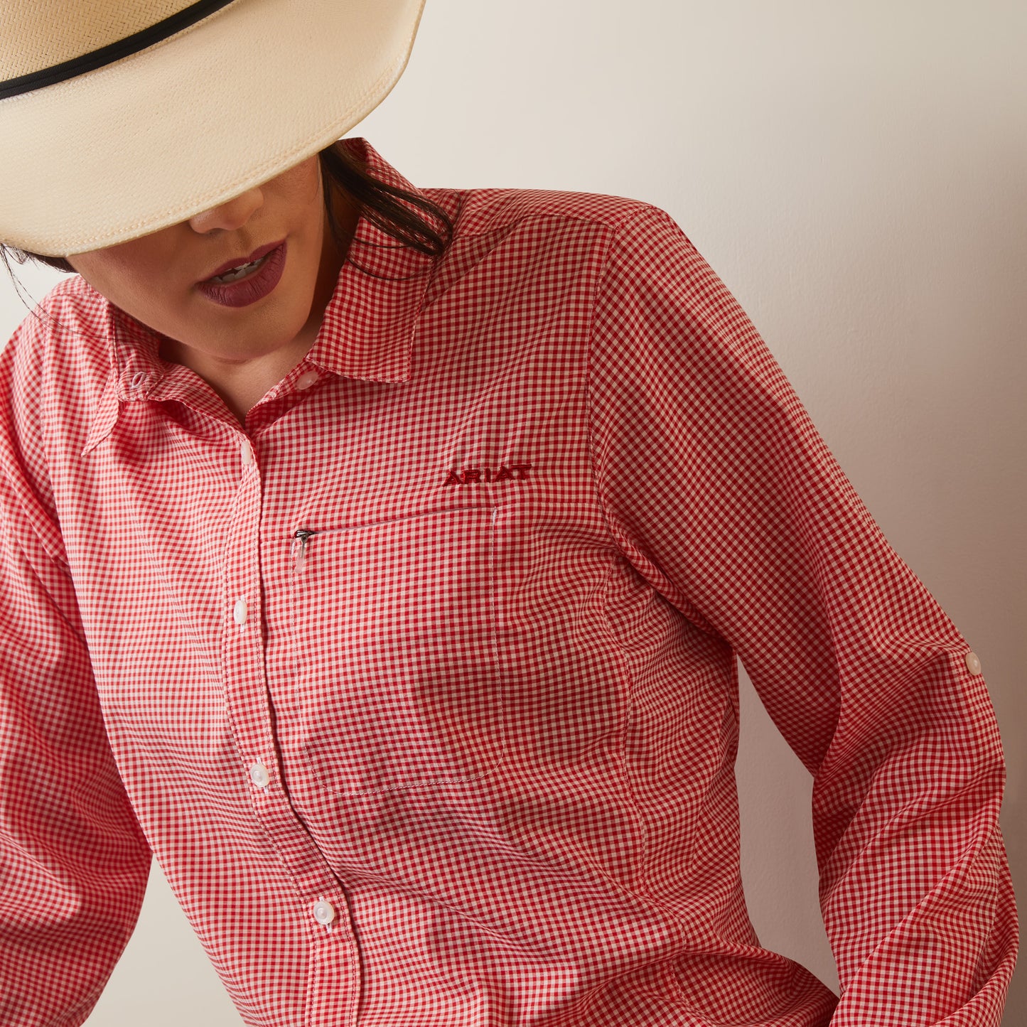 10043576 Ariat Womens Venttek LS Shirt Aura Orange/White Check