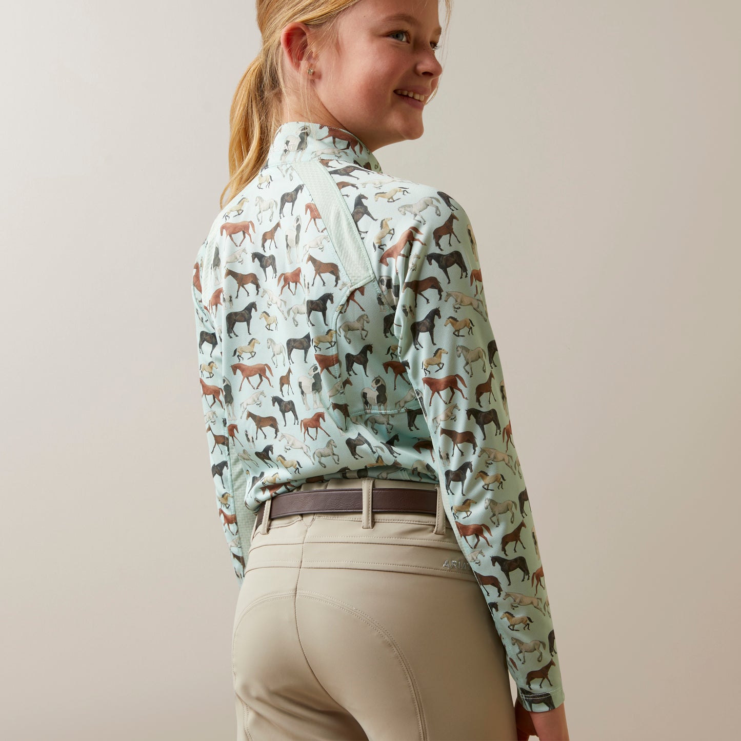 10043605 Ariat Youth Sunstopper 2.0 1/4 Zip Aqua Foam Print