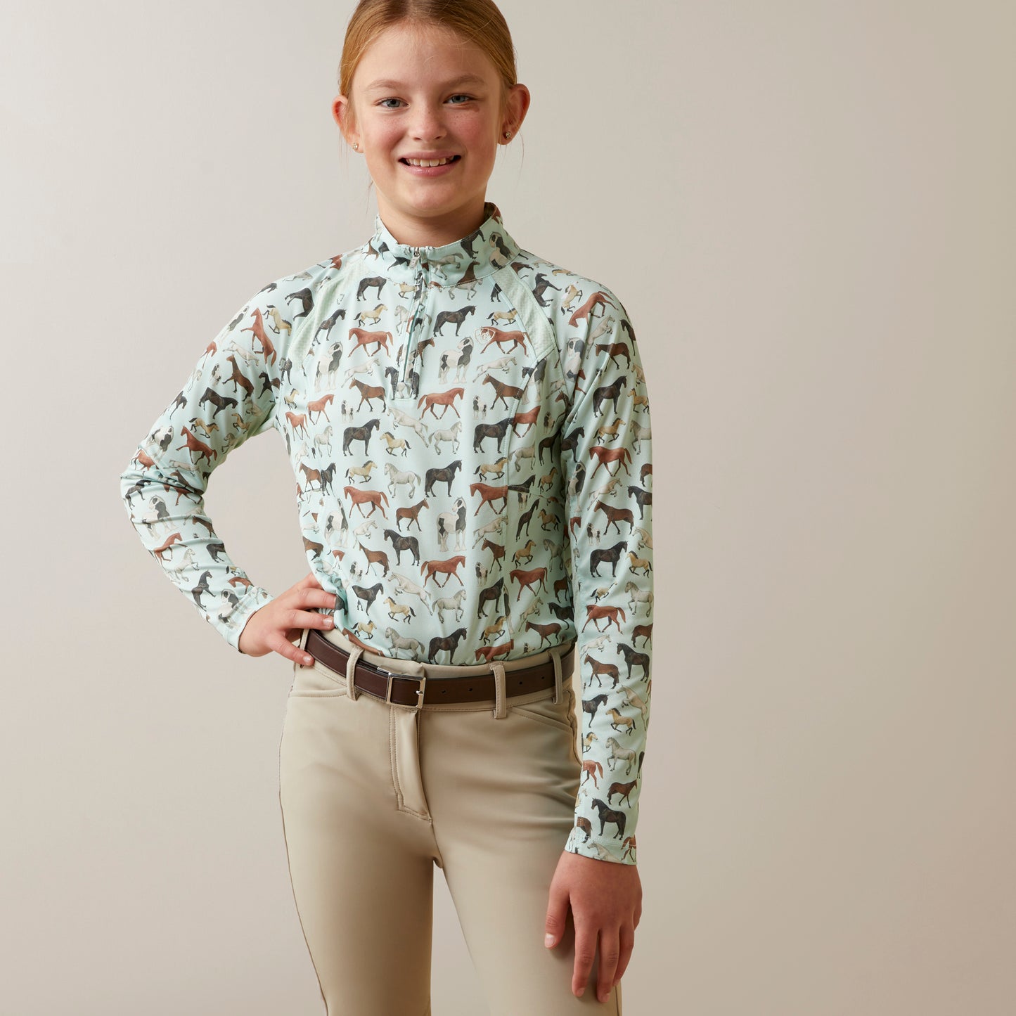 10043605 Ariat Youth Sunstopper 2.0 1/4 Zip Aqua Foam Print