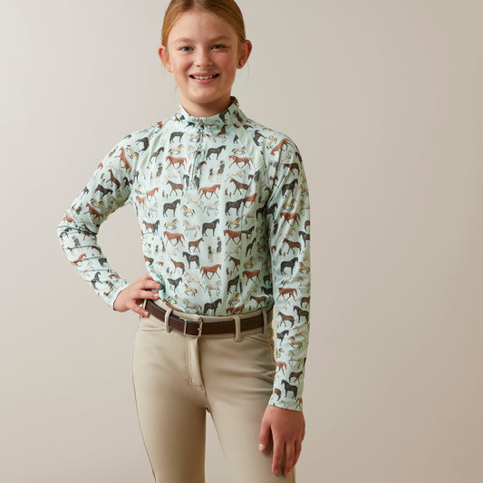 10043605 Ariat Youth Sunstopper 2.0 1/4 Zip Aqua Foam Print