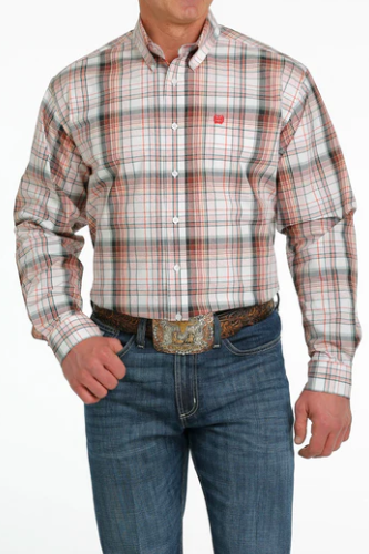MTW1105554 Cinch Mns White & Orange Plaid LS Shirt