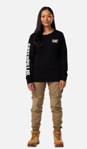 10100016-10158 CAT Women's LS Trademark Banner Tee Black