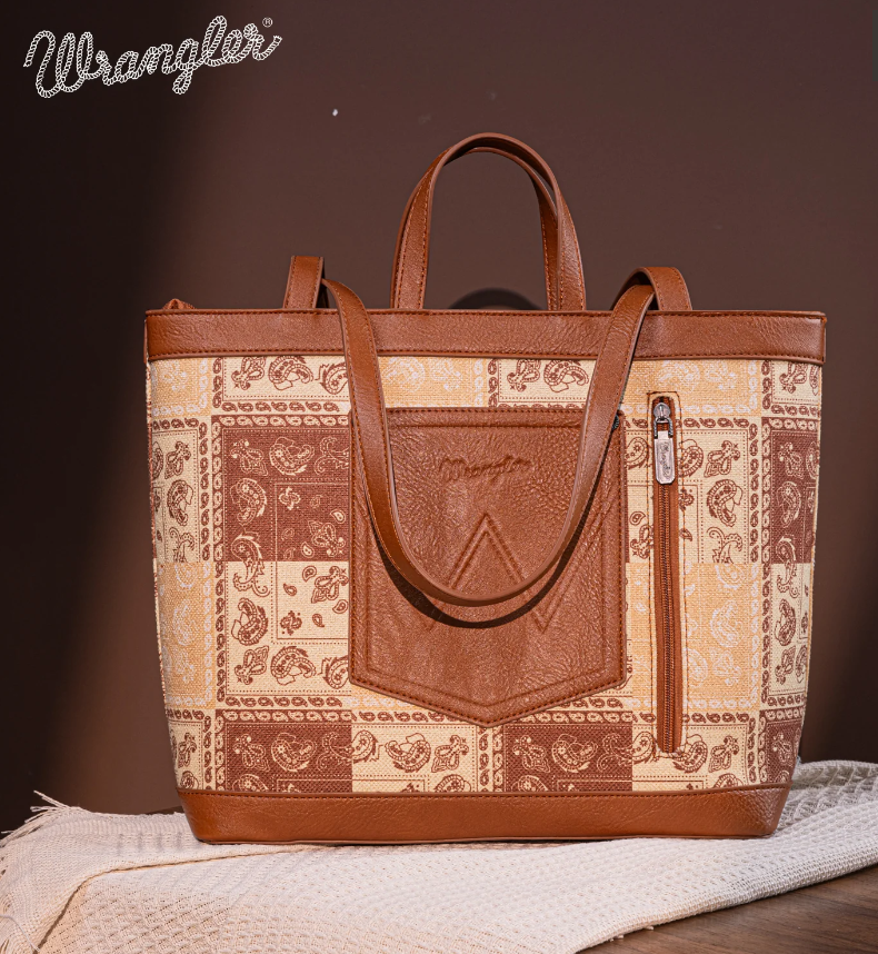 WG138-2002BR Wrangler Paisley Pattern dual Sided Print Tote - Brown