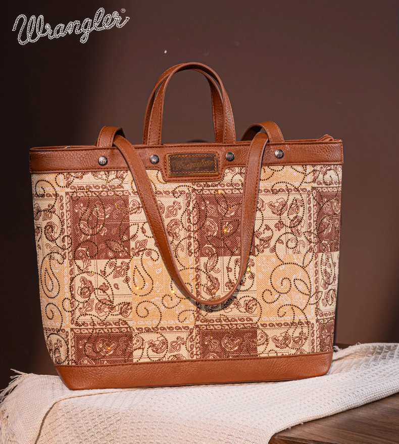 WG138-2002BR Wrangler Paisley Pattern dual Sided Print Tote - Brown