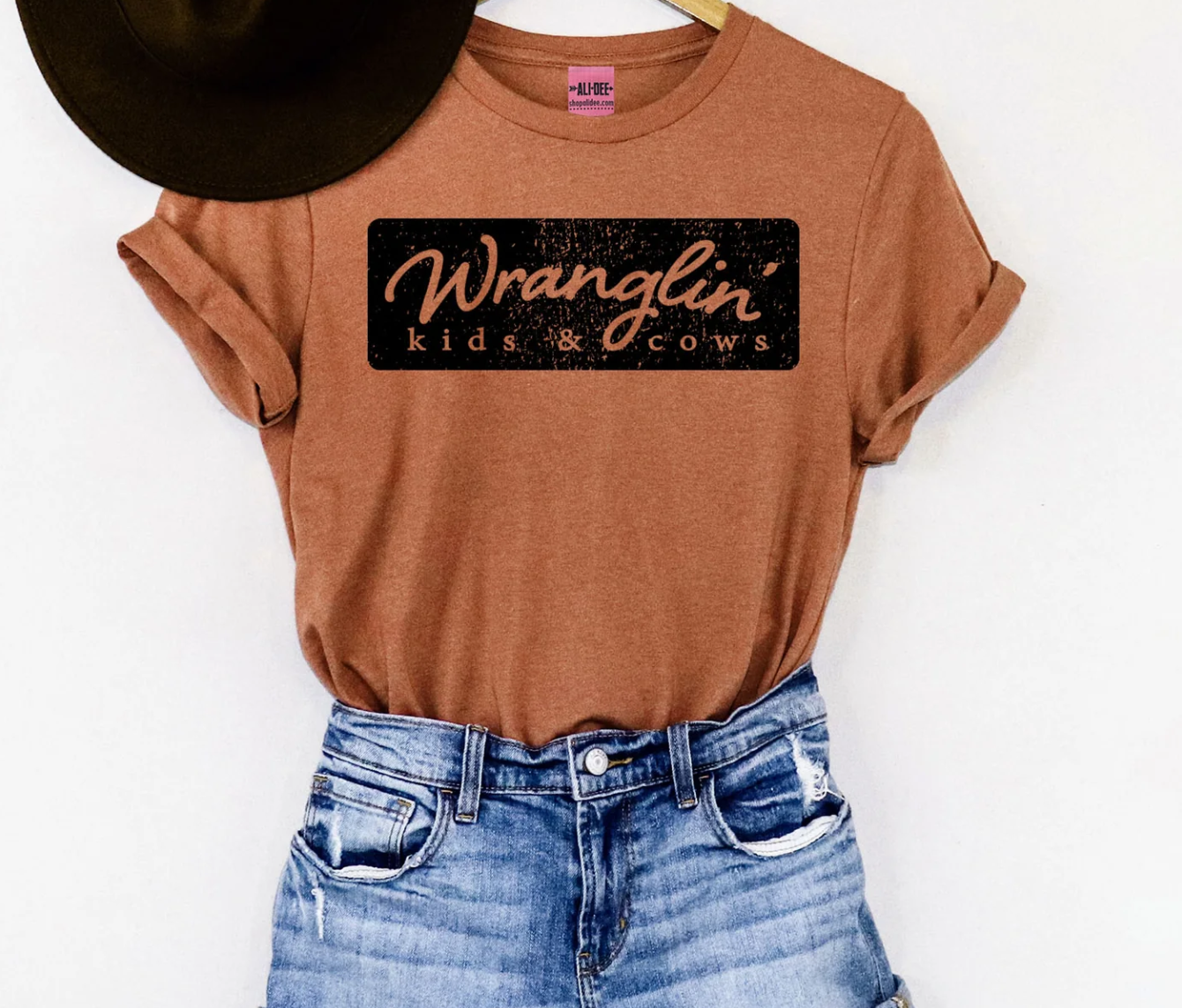 AD983 ALI DEE Chase Wranglin' Kids & Cows Western graphic Tee - Autumn heater
