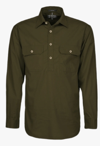 RM200CF Pilbara Men's Half Button Work Shirt Long Sleeve-Olive