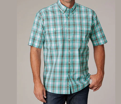 3-02-379-4051 Roper Men's Collection SS Plaid Shirt Green