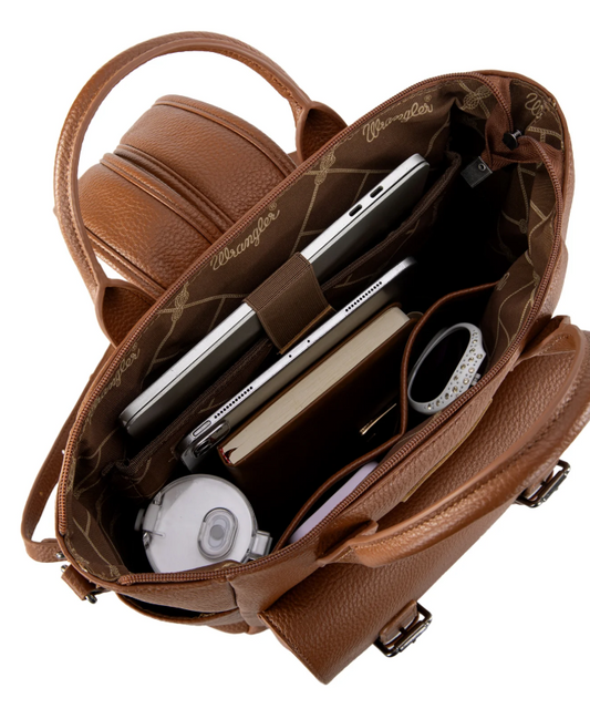 WG175-9110BRN Wrangler Cow Print Tote/ Shoulder Bag Convertible backpack Brown