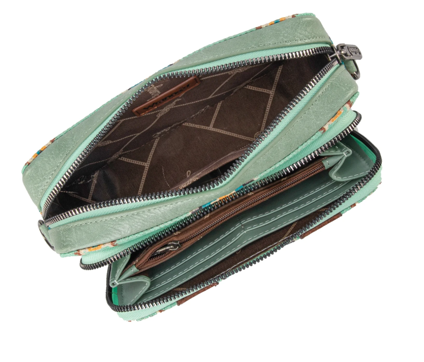 WG2207-3003 Wrangler Aztec Printed Crossbody Purse With Wallet Compartment - Green