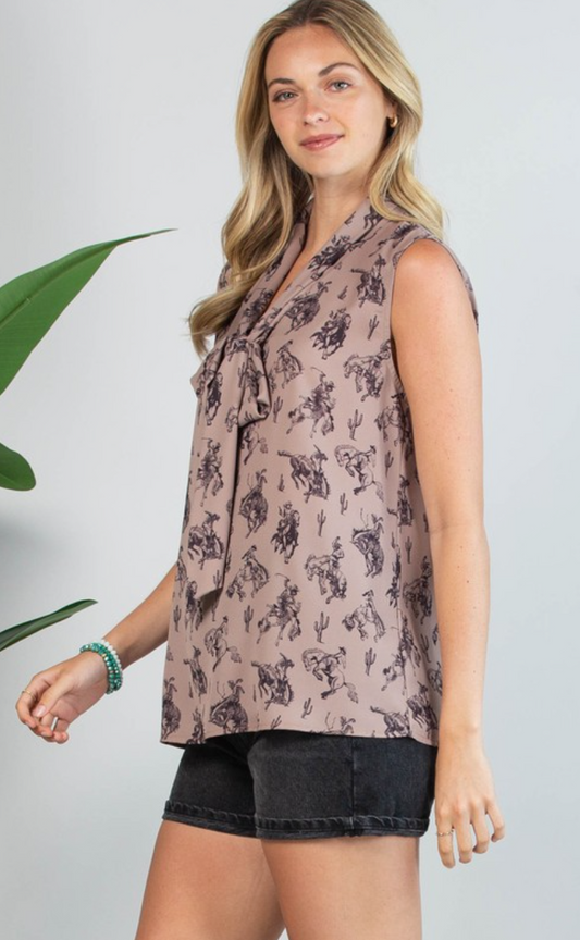 AT2189 Colette Bucking Horse Print Tie Woven Top