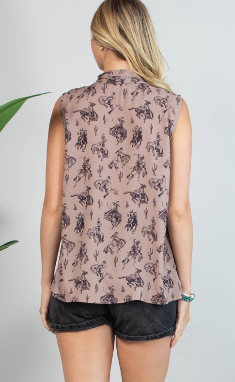 AT2189 Colette Bucking Horse Print Tie Woven Top