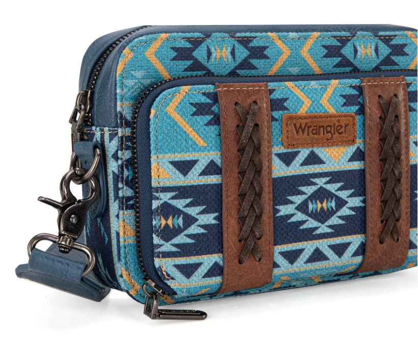 WG2207-3003 Wrangler Aztec Printed Crossbody Purse With Wallet Compartment - Navy
