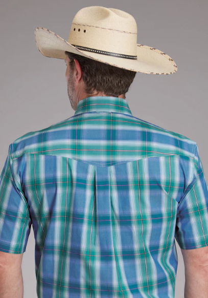 03-002-0378-3017 Roper Men's Plaid Blue SS Shirt