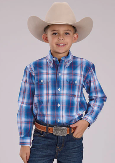 03-030-0378-5015 Roper Boy's Amarillo Collection LS Shirt Plaid Blue