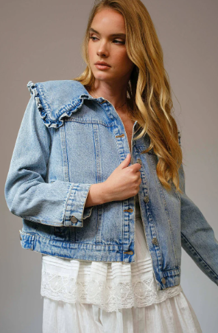 23457J Ruffled Peter Pan Collar Denim Jacket