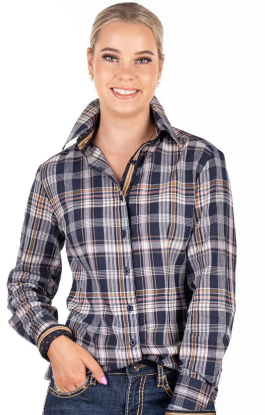 RR01-2004 Hitchley and Harrow Fitted Long Sleeve - Navy, White, Tan Check