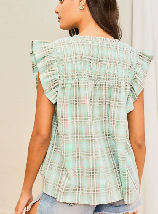LT33249 Ruffle Sleeve Plaid Top