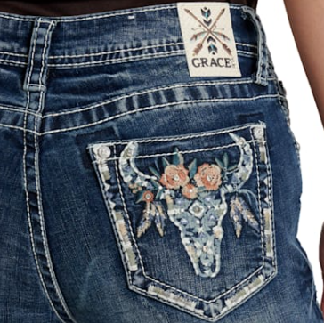 EBS813 Grace in LA Women's Desert Aztec Floral Skull Jean 34 Leg