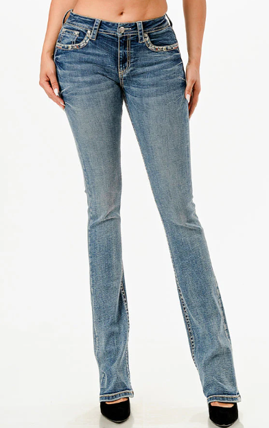 EB51806 LA Grace In La Women's Aztec Embroidered Mid Rise Jean