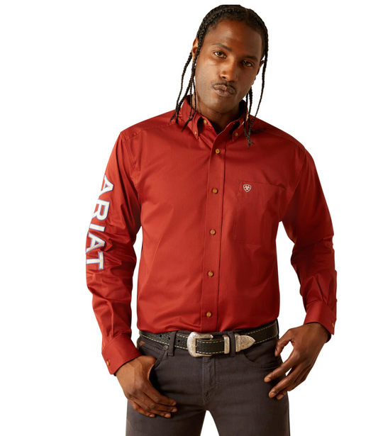 10055288 Ariat Men's Team Logo Twill Classic Fit LS Shirt Dark Red/ Khaki