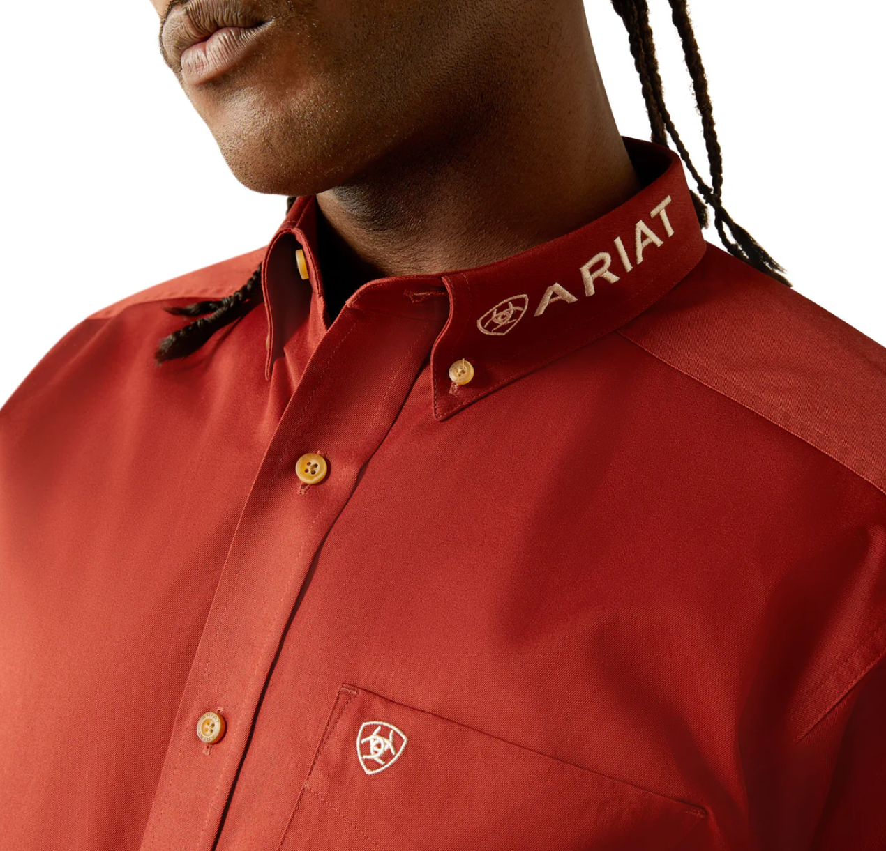 10055288 Ariat Men's Team Logo Twill Classic Fit LS Shirt Dark Red/ Khaki