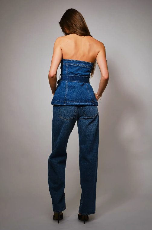 23689T Western Buckle Detailed Denim Top