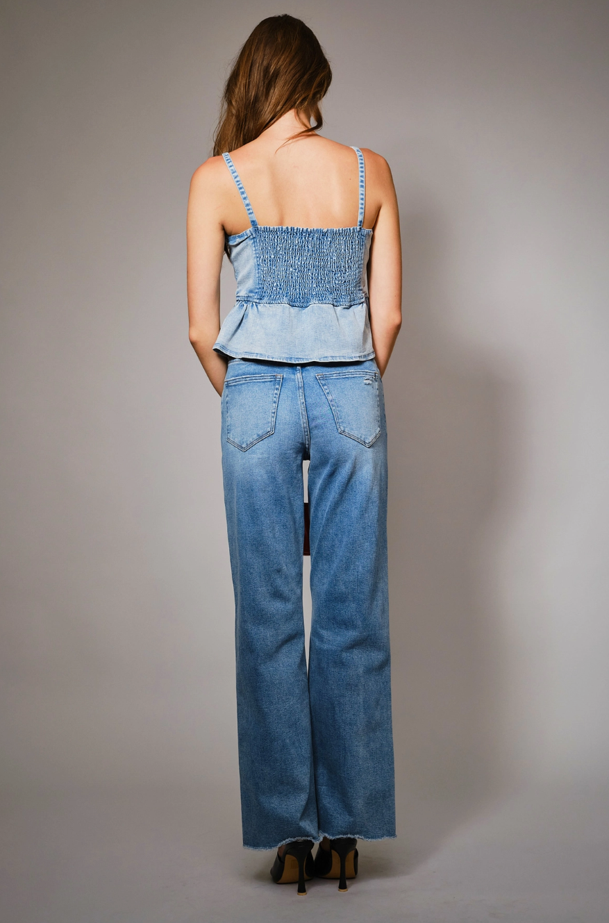 23633T Western Buckle Denim Peplum Top